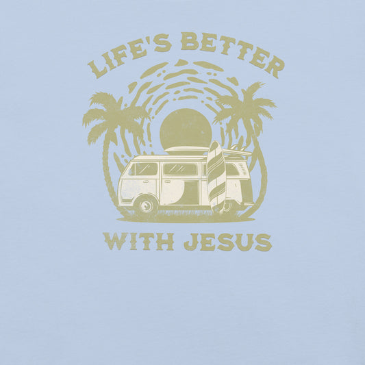Baby blue Bella + Canvas 3001 t-shirt with ‘Life’s Better With Jesus’ retro palm tree and camper design.