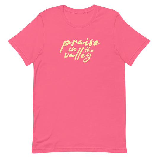 Charity Pink Bella + Canvas 3001 t-shirt with soft yellow script text that reads ‘praise in the valley’ centered on the chest.