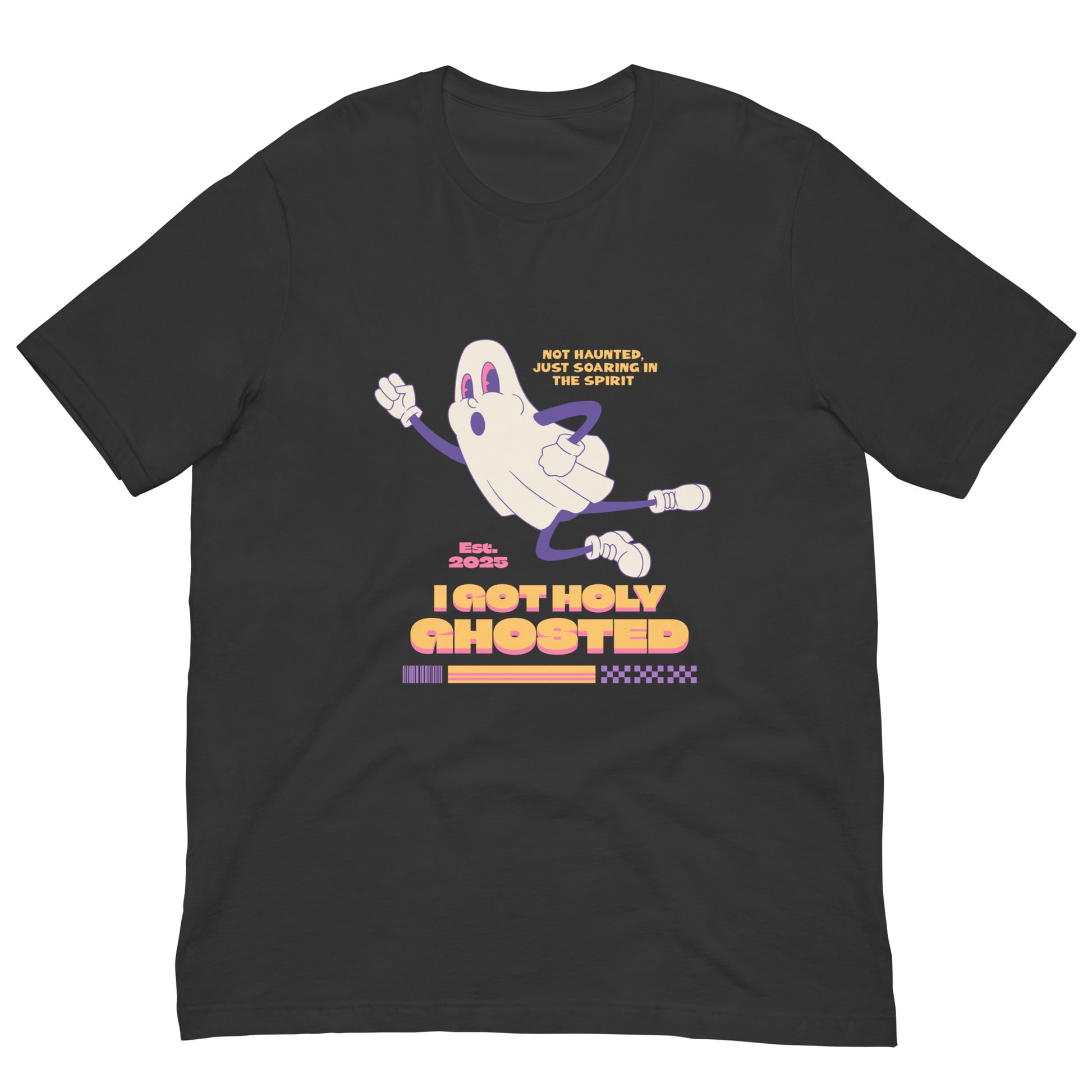 I Got Holy Ghosted shirt with cartoon ghost and religious reference to soaring in the spirit.