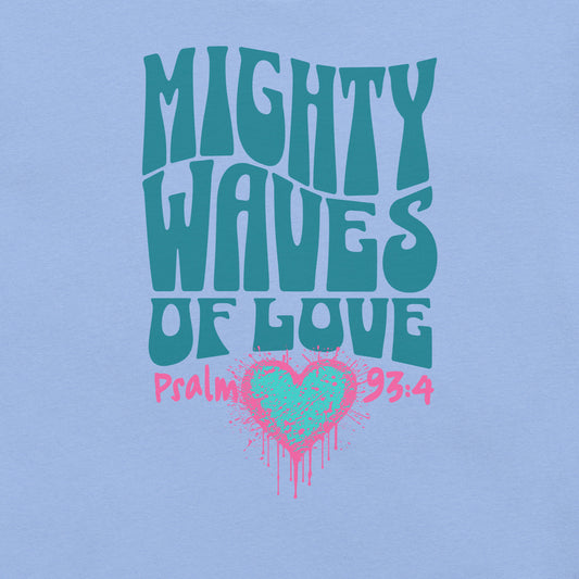 Closeup of Carolina blue Mighty Waves T-Shirt.