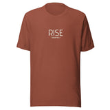 Heather clay “Rise – Isaiah 60:1” Christian t-shirt laid flat; minimalist design, soft cotton fabric, faith-inspired apparel with uplifting message.