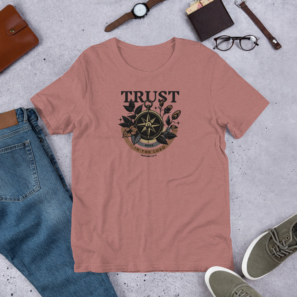 Trust In The Lord text around a compass with some floral designs. Proverbs 3:5-6 reference. Christian t-shirt.