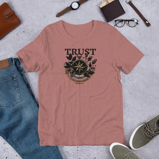 Trust In The Lord text around a compass with some floral designs. Proverbs 3:5-6 reference. Christian t-shirt.