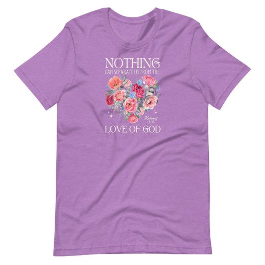Heather purple Christian T-shirt with floral heart design and text “Nothing can separate us from the love of God” printed on Bella + Canvas 3001.