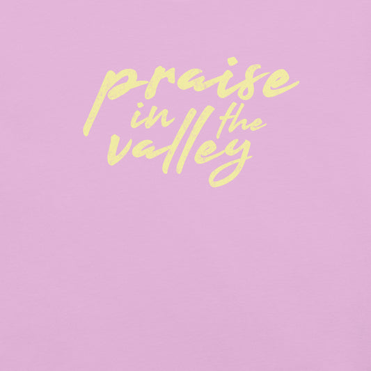 Lilac Bella + Canvas 3001 t-shirt with soft yellow script text that reads ‘praise in the valley’ centered on the chest.