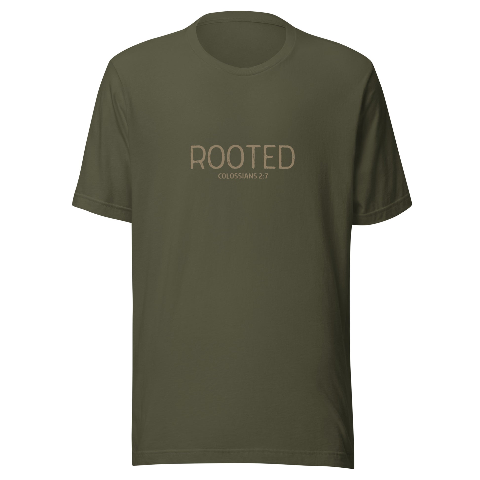 Military green “Rooted – Colossians 2:7” Christian t-shirt laid flat; minimalist design, soft cotton fabric, faith-inspired apparel with spiritual message.