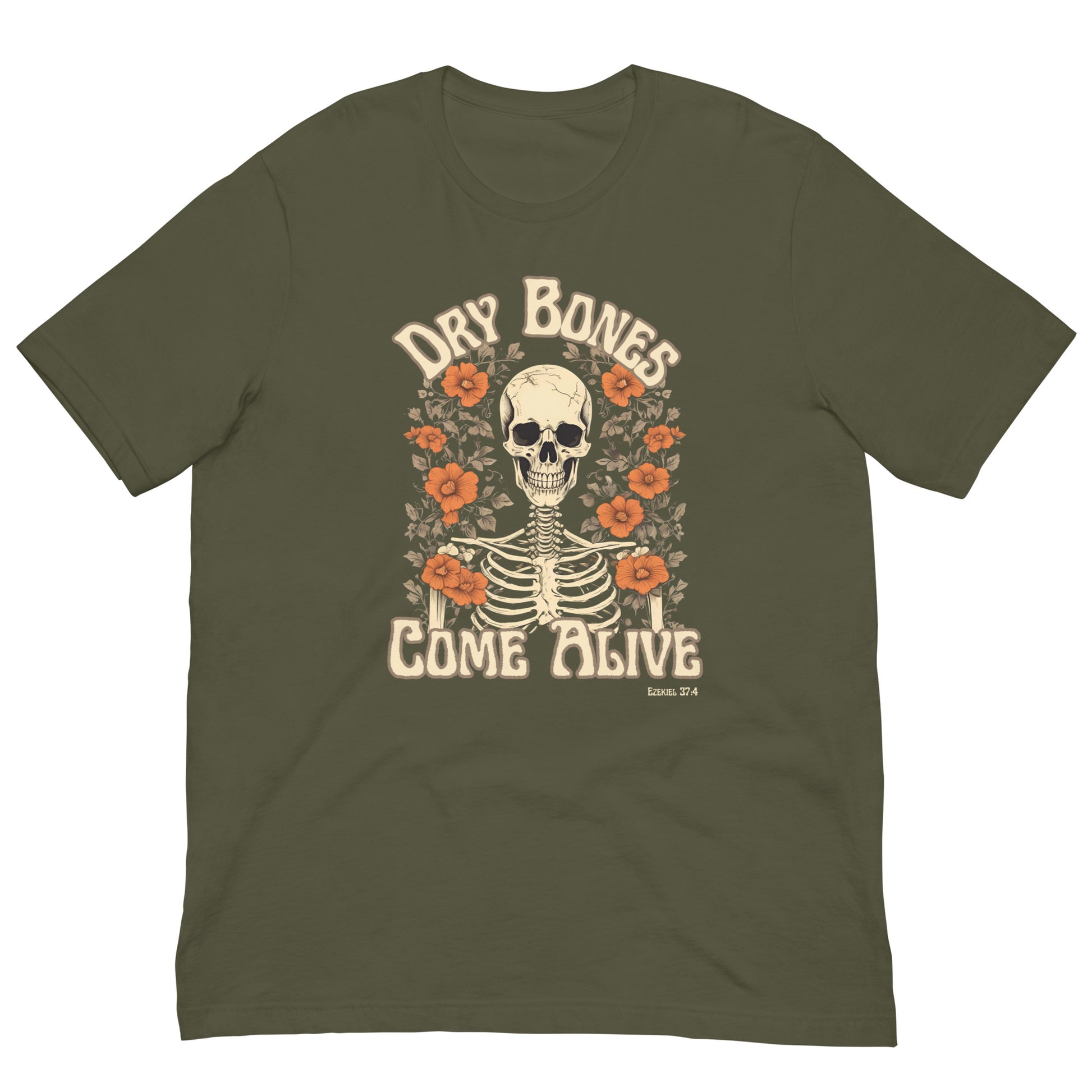 Dry Bones Floral Tee features a skeleton's shoulders and head surrounded by red/orange flowers. Ezekiel 37:4