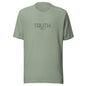 Sage green “Truth – John 14:6” Christian t-shirt laid flat; minimalist design with “The Way, The Truth, The Life” message, soft cotton fabric, faith-inspired style.