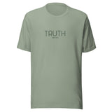 Sage green “Truth – John 14:6” Christian t-shirt laid flat; minimalist design with “The Way, The Truth, The Life” message, soft cotton fabric, faith-inspired style.