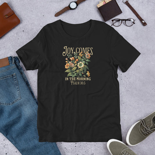 Joy comes in the morning Psalm 30:5 text with colorful floral design. Photo mockup of actual product.