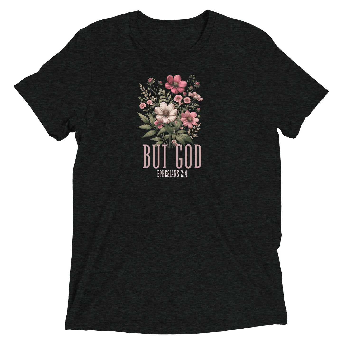 Black t-shirt with floral design and text on a white background