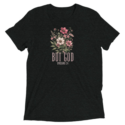 Black t-shirt with floral design and text on a white background