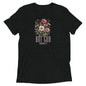 Black t-shirt with floral design and text on a white background