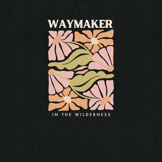 Charcoal black colored Waymaker Boho T-Shirt with floral design and faith-inspired text on soft Bella + Canvas tri-blend fabric