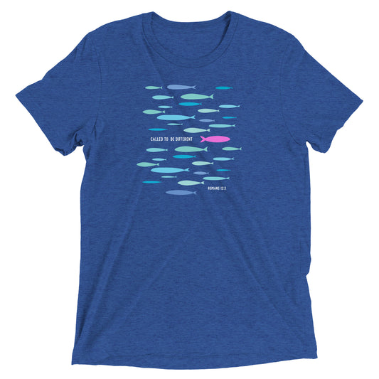 True Royal Christian t-shirt with colorful fish graphic, one fish swimming opposite direction, text Called to Be Different and Romans 12:2.