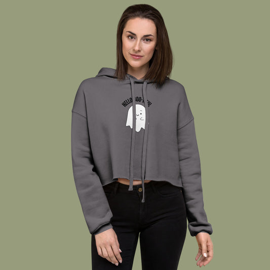 Hello Boo-Tiful womens cropped hoodie with a cartoon ghost.