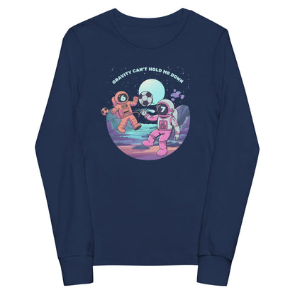 Navy long sleeve tee for kids featuring image of two astronauts playing soccer with 'Gravity Can't Hold Me Down' text on a dark background