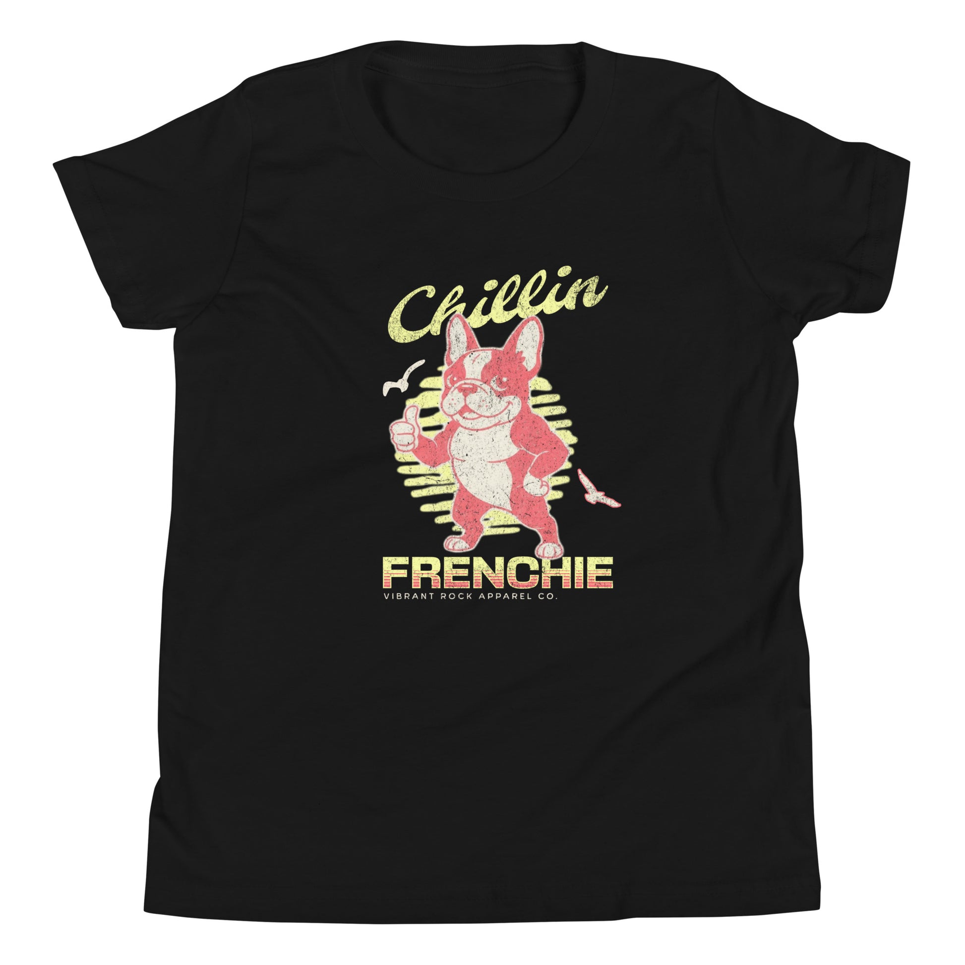 Black kid's t-shirt featuring Chillin Frenchie text, with a cartoon Frenchie giving a thumbs up.