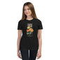 Girl wearing black Faith Over Fear t-shirt with colorful roses and butterflies.