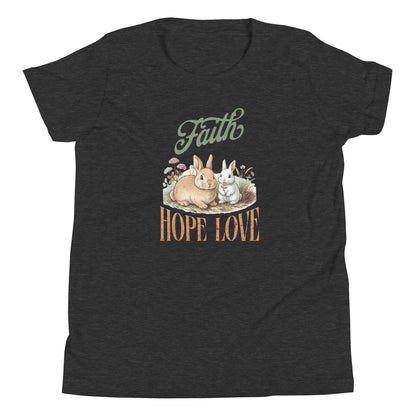 Faith Hope Love Bunnies design on a dark grey heather t-shirt. Cute Christian shirt for kids.