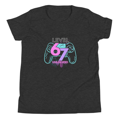 Level 67 Unlocked text over a video game controller image. Dark grey heather kids t-shirt.
