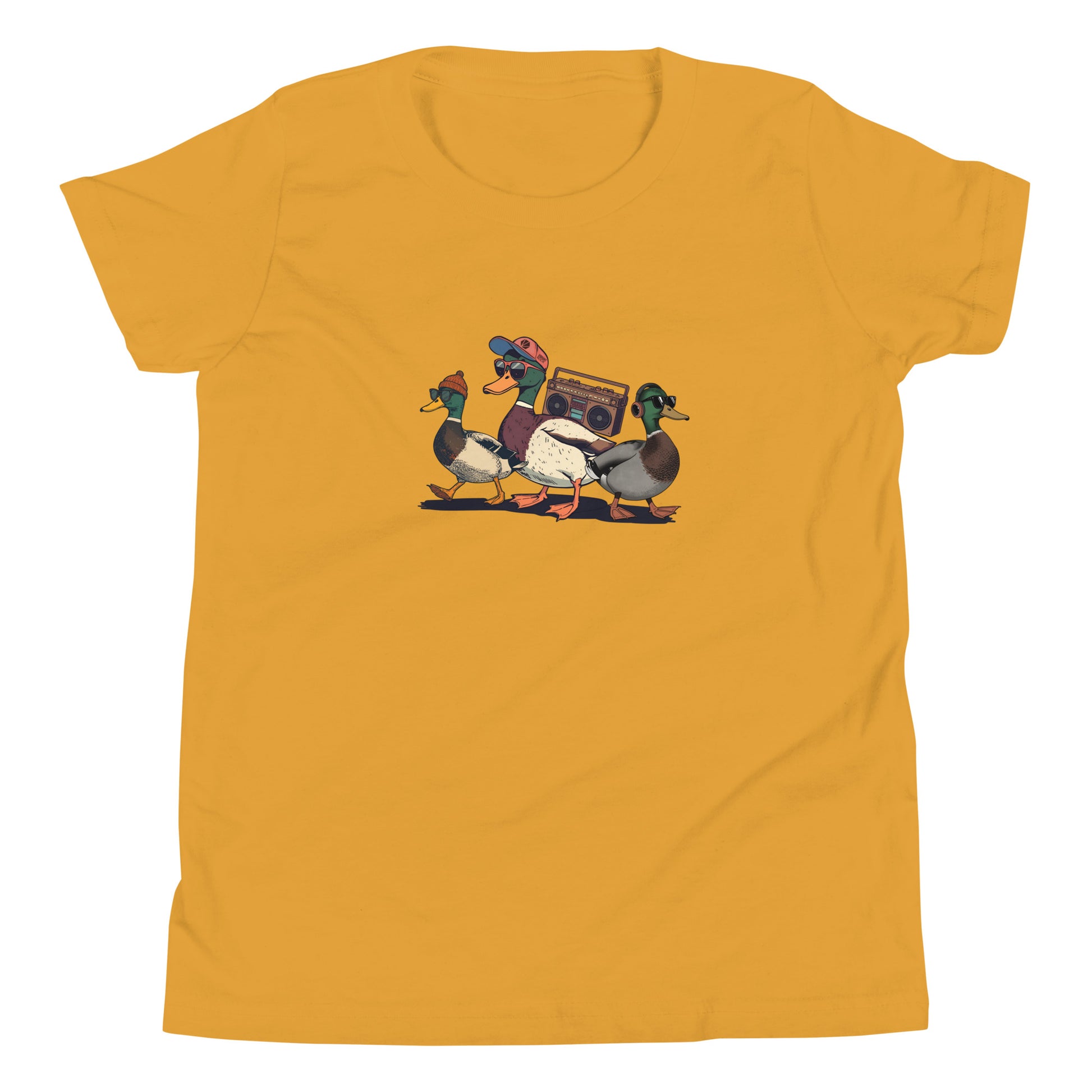 Three cartoon ducks with accessories on a mustard background