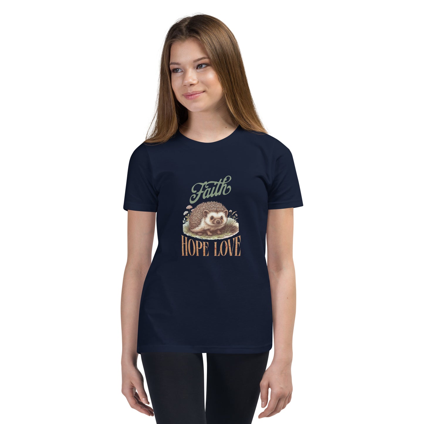 Girl modeling the Faith Hope Love Hedgehog t-shirt