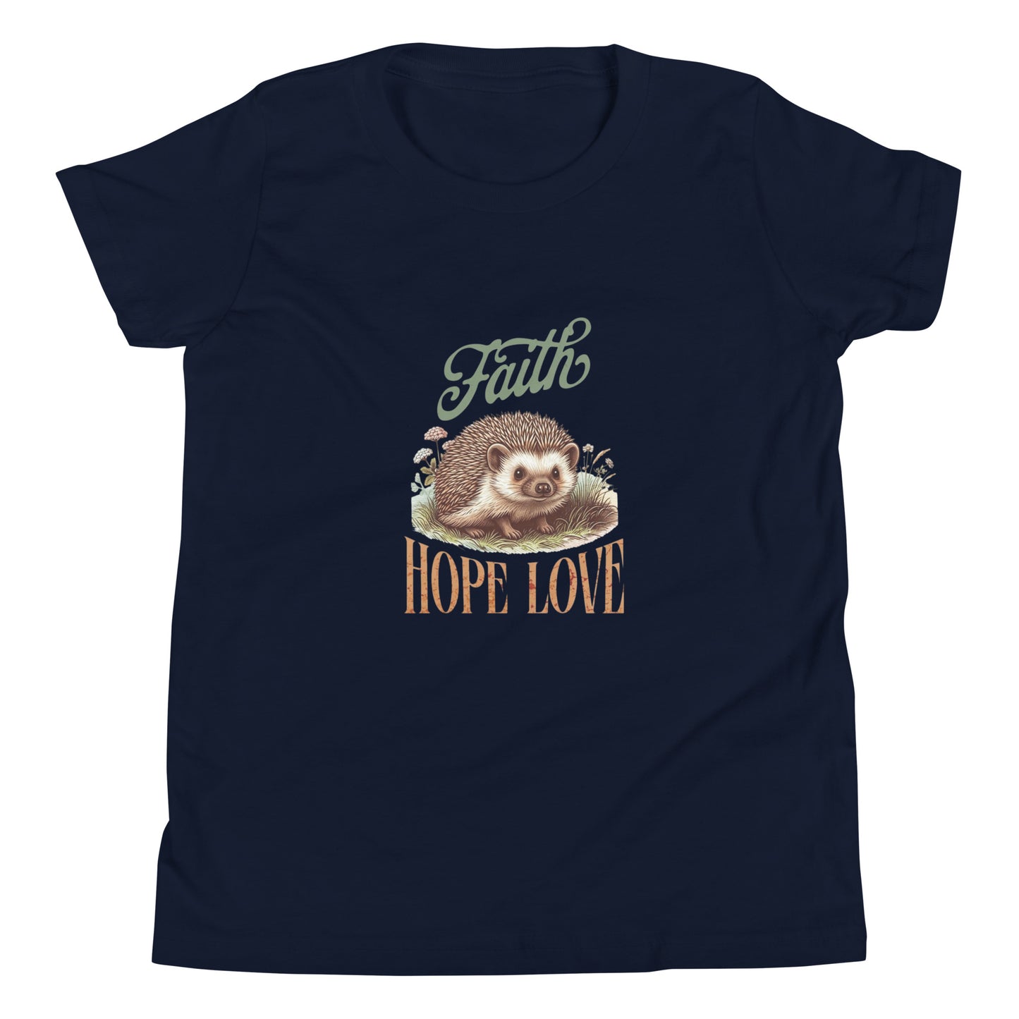 Kid's Christian tee shirt laying flat. Features Faith Hope Love text with vintage style image of a hedgehog.