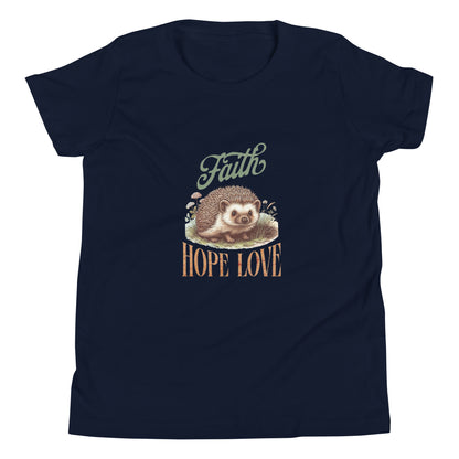 Kid's Christian tee shirt laying flat. Features Faith Hope Love text with vintage style image of a hedgehog.