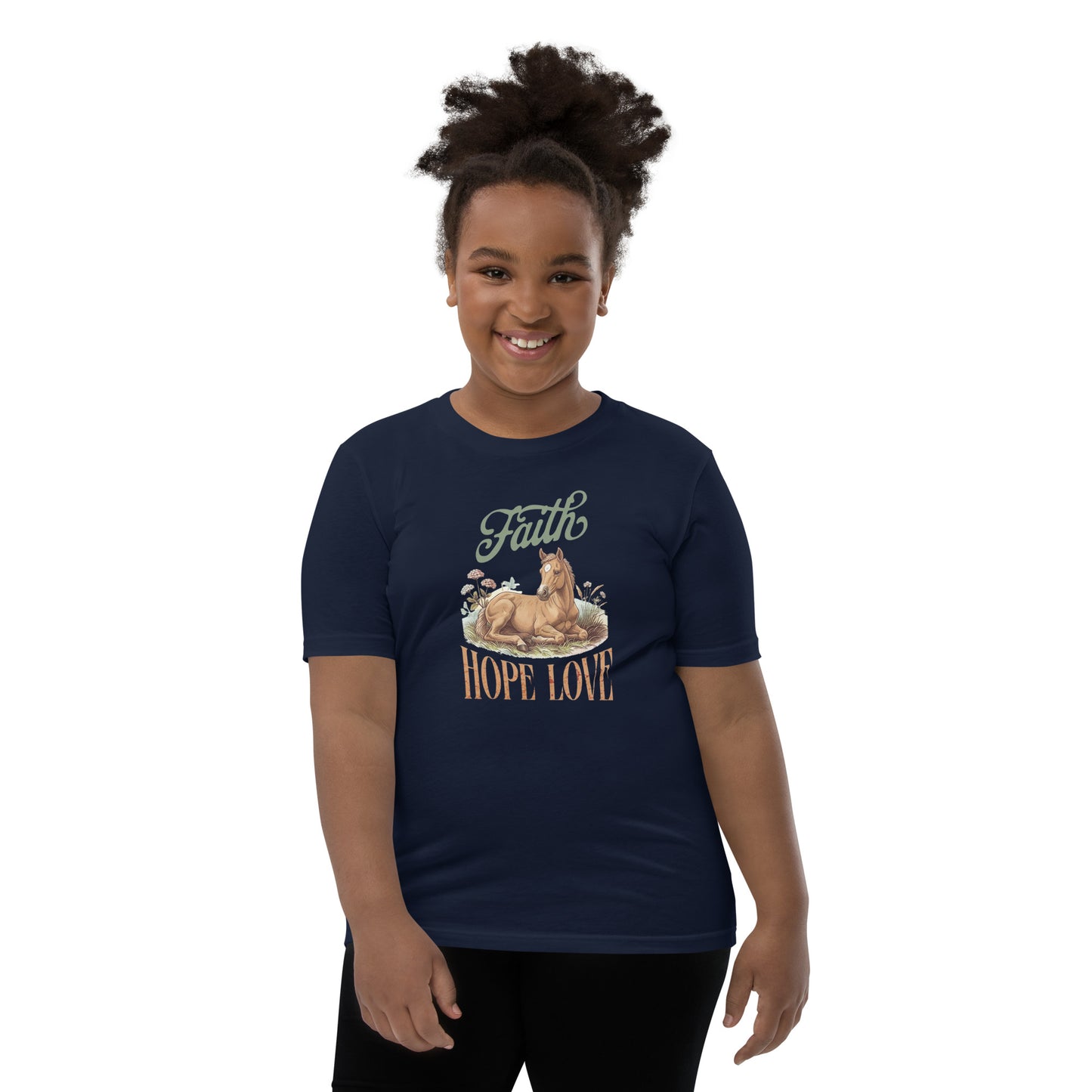 Girl wearing Faith Hope Love Horse tee for kids. 