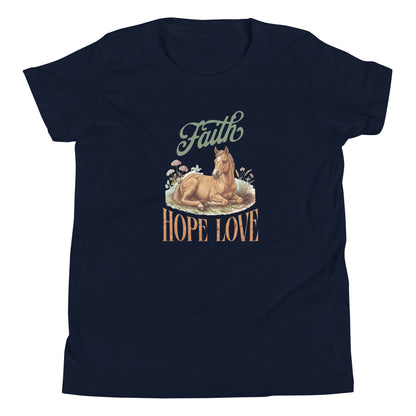 Lay flat t-shirt featuring Faith Hope Love Horse design. 