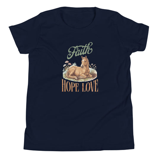 Lay flat t-shirt featuring Faith Hope Love Horse design. 