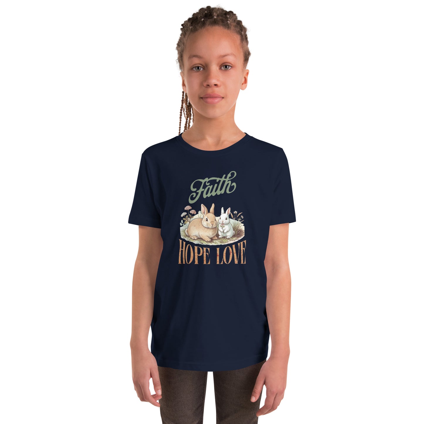 Girl wearing Faith Hope Love tee shirt.